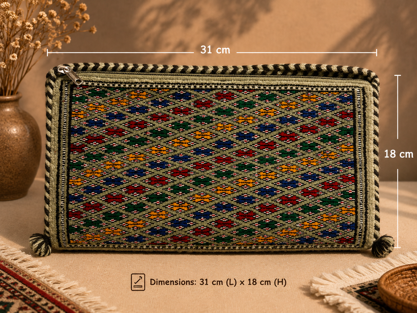 Handwoven Heritage Kilim Clutch – Multicolor Tribal Mosaic Edition