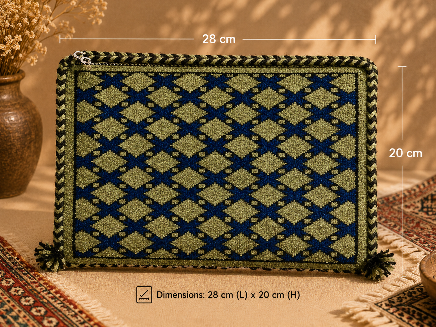 Handwoven Sapphire Kilim Clutch – Indigo Diamond Pattern Edition