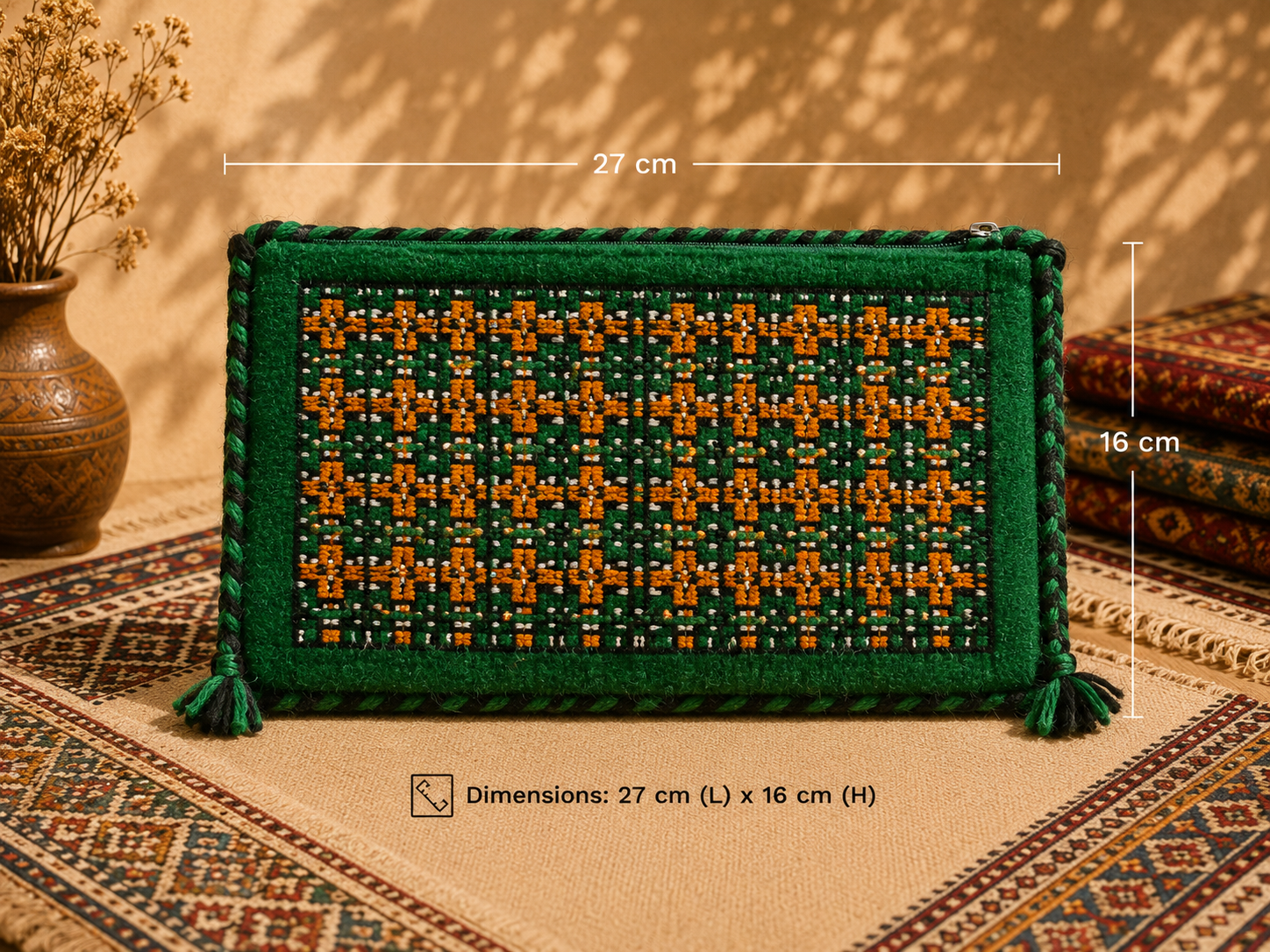 Handwoven Emerald Kilim Clutch – Golden Cross Motif Edition