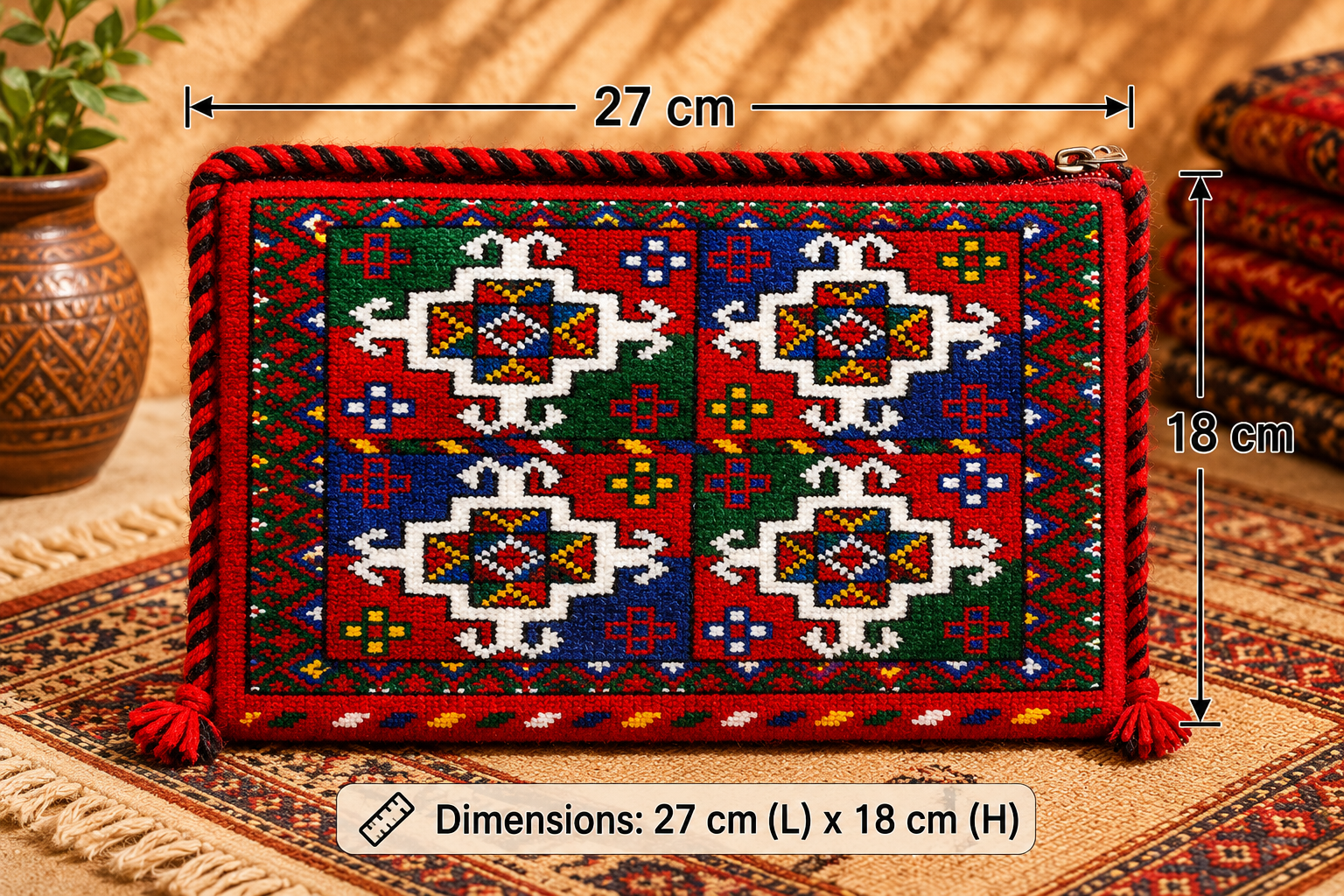 Handwoven Tribal Heritage Clutch – Bold Geometric Elegance in Crimson, Sapphire & Emerald