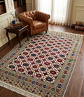 Hand-Knotted Geometric Rug in Ivory and Madder Red
