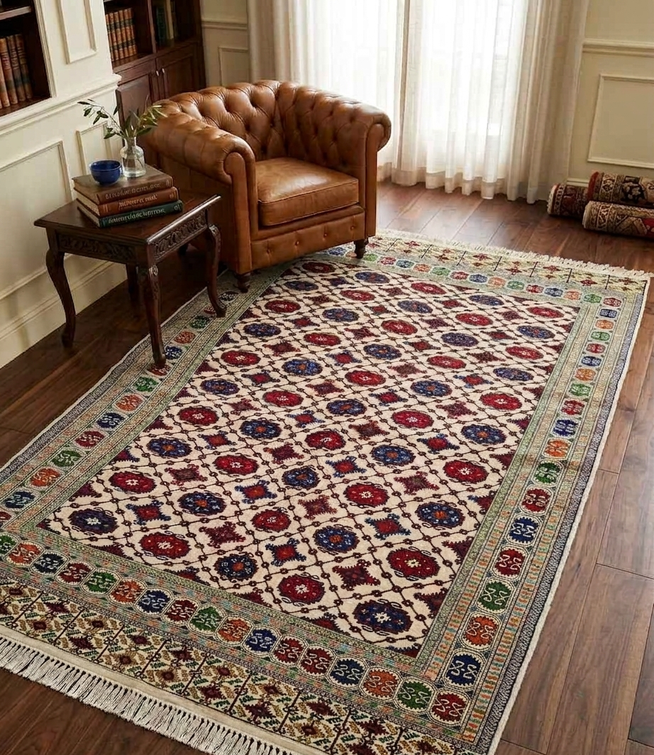 Hand-Knotted Geometric Rug in Ivory and Madder Red