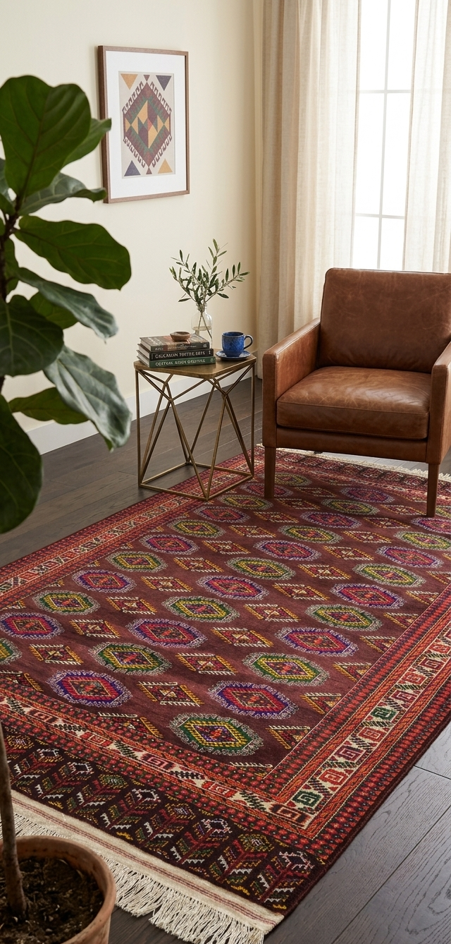 Hand-Woven Maroon Geometric Area Rug – Jewel-Toned Medallions