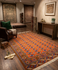 Hand-Woven Saffron & Sapphire Medallion Rug – Geometric Statement Piece
