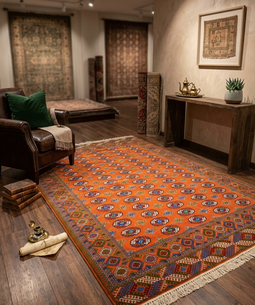 Hand-Woven Saffron & Sapphire Medallion Rug – Geometric Statement Piece