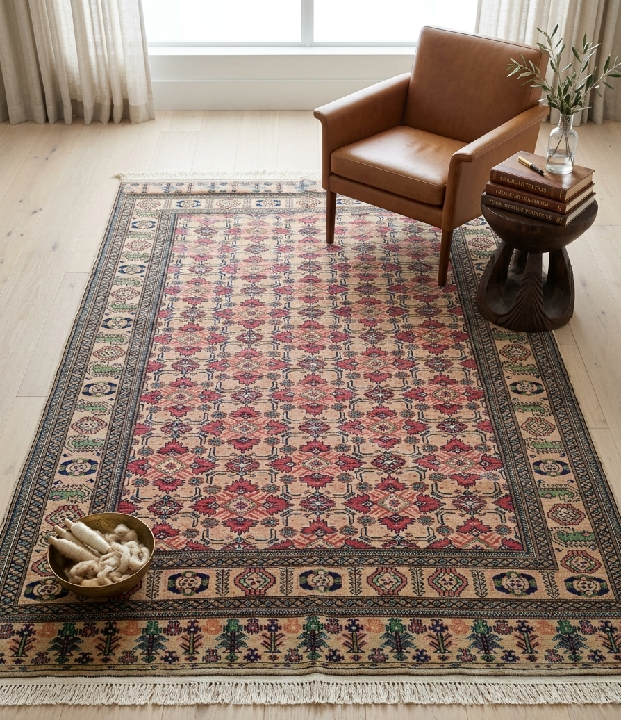 Hand-Knotted Peach & Sapphire Medallion Rug
