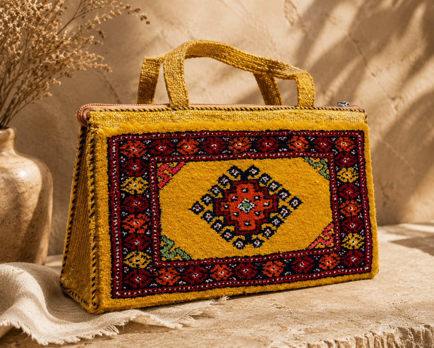 Hand-Knotted Golden Ochre Kilim Clutch – A Bold Accent in Desert Gold