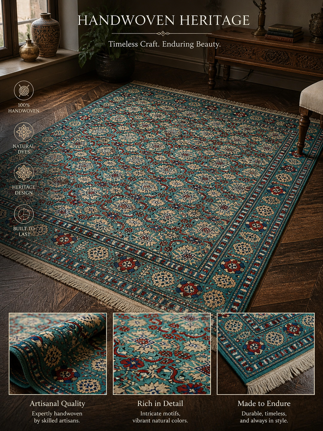 Hand-Knotted Turquoise & Crimson Rug – A Statement in Coastal Teal